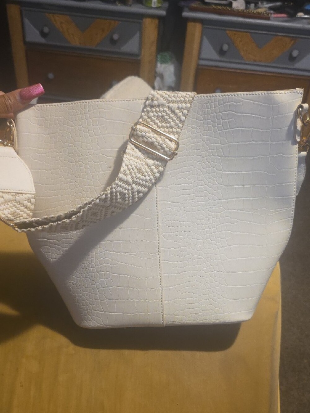 Cracker Barrel Cream Croc-Embossed Crossbody with Patterned Strap